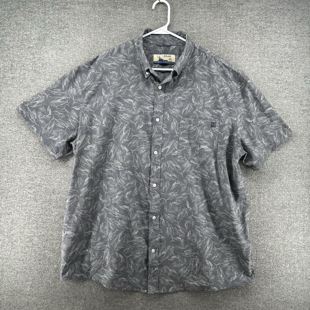 Huk Fishing Short Sleeve Shirt Men Size XXL Gray Fish Print Boating Summer